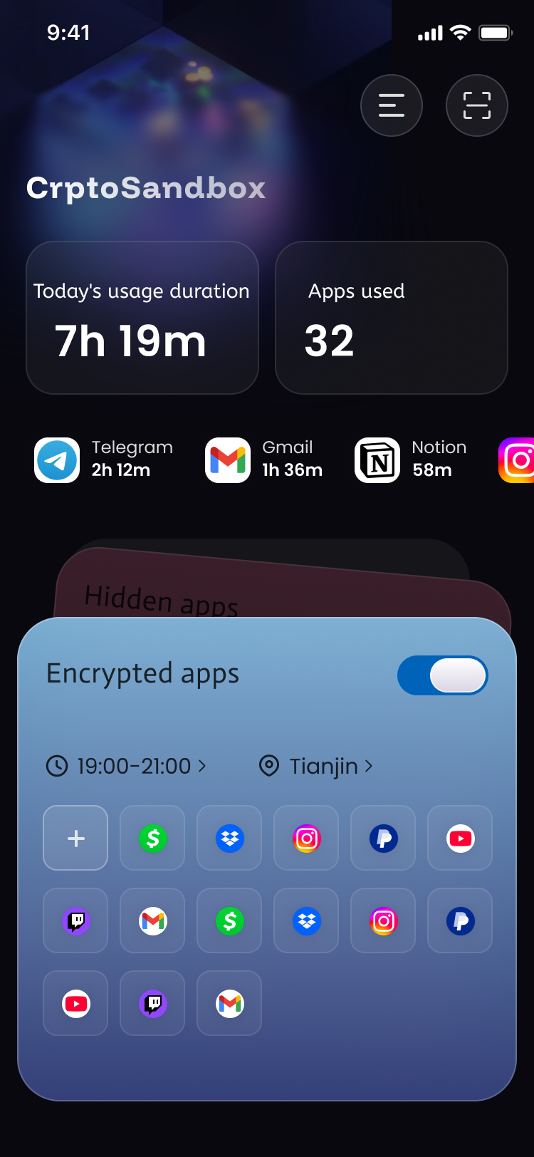 Encrypted apps interface with toggles and app grid