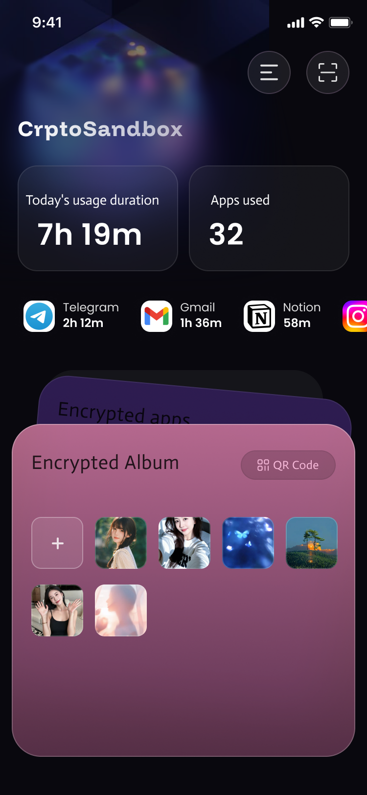Encrypted photo album with thumbnails and add button