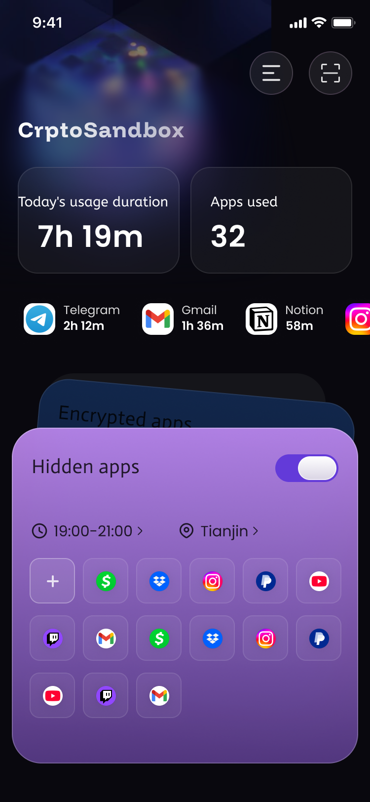 CryptoBox app showing daily screen time, app count, and encrypted apps card