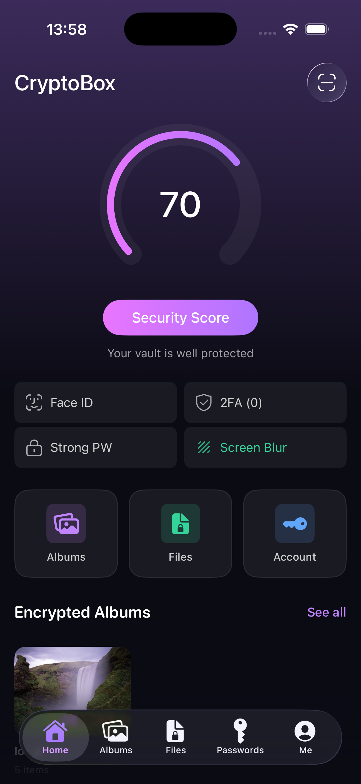 CryptoBox dashboard with security score