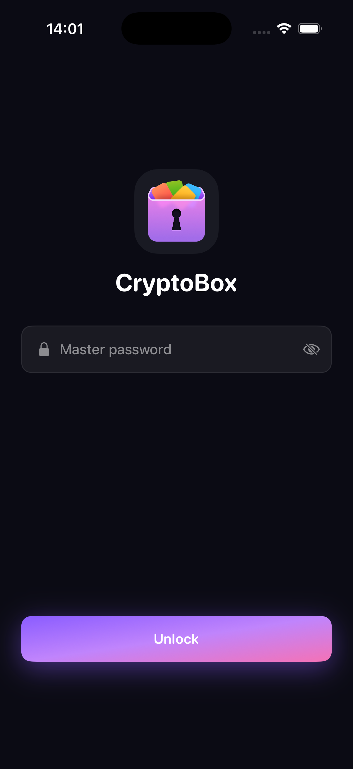 CryptoBox master password unlock screen